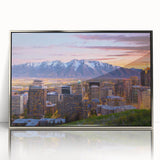 Mid-century modernist art depicting Salt Lake City in muted earth tones on a silver-framed acrylic print.