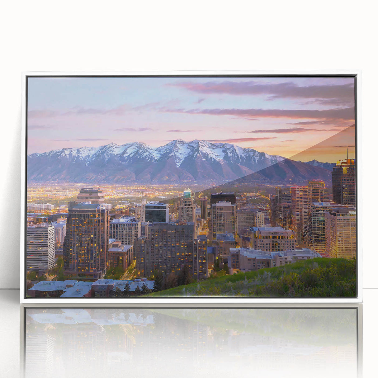 Art deco poster of Salt Lake City skyline in muted gray and blue tones, framed acrylic, ideal for modern art wall decor.