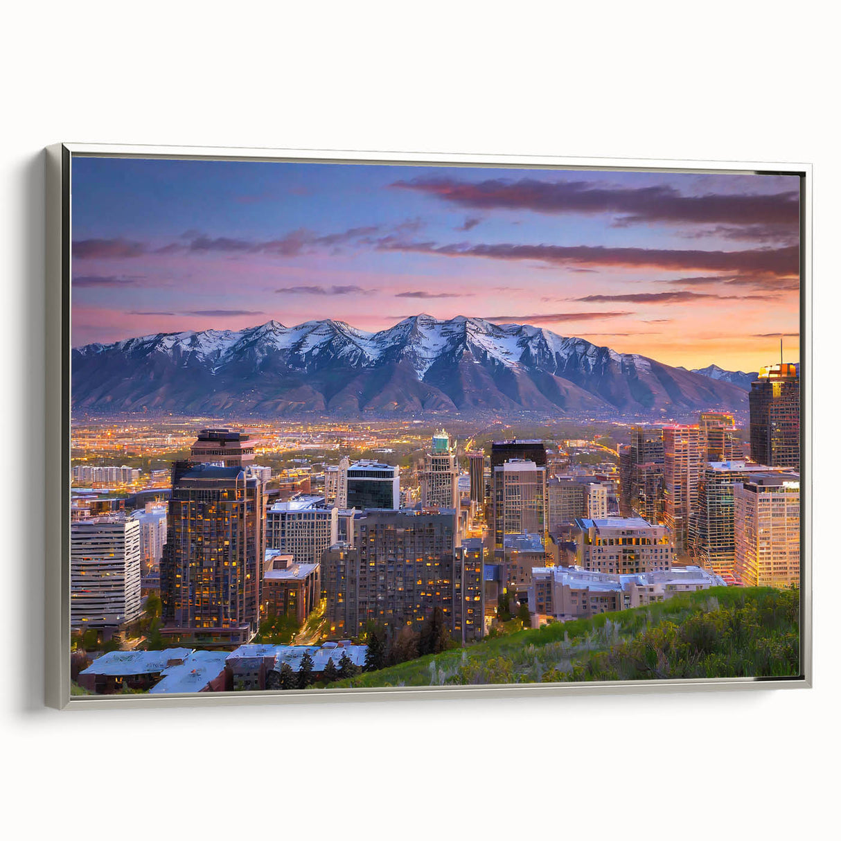 Framed canvas of Salt Lake City landscape in muted earth tones, ideal for adding a vintage touch to a study or office.