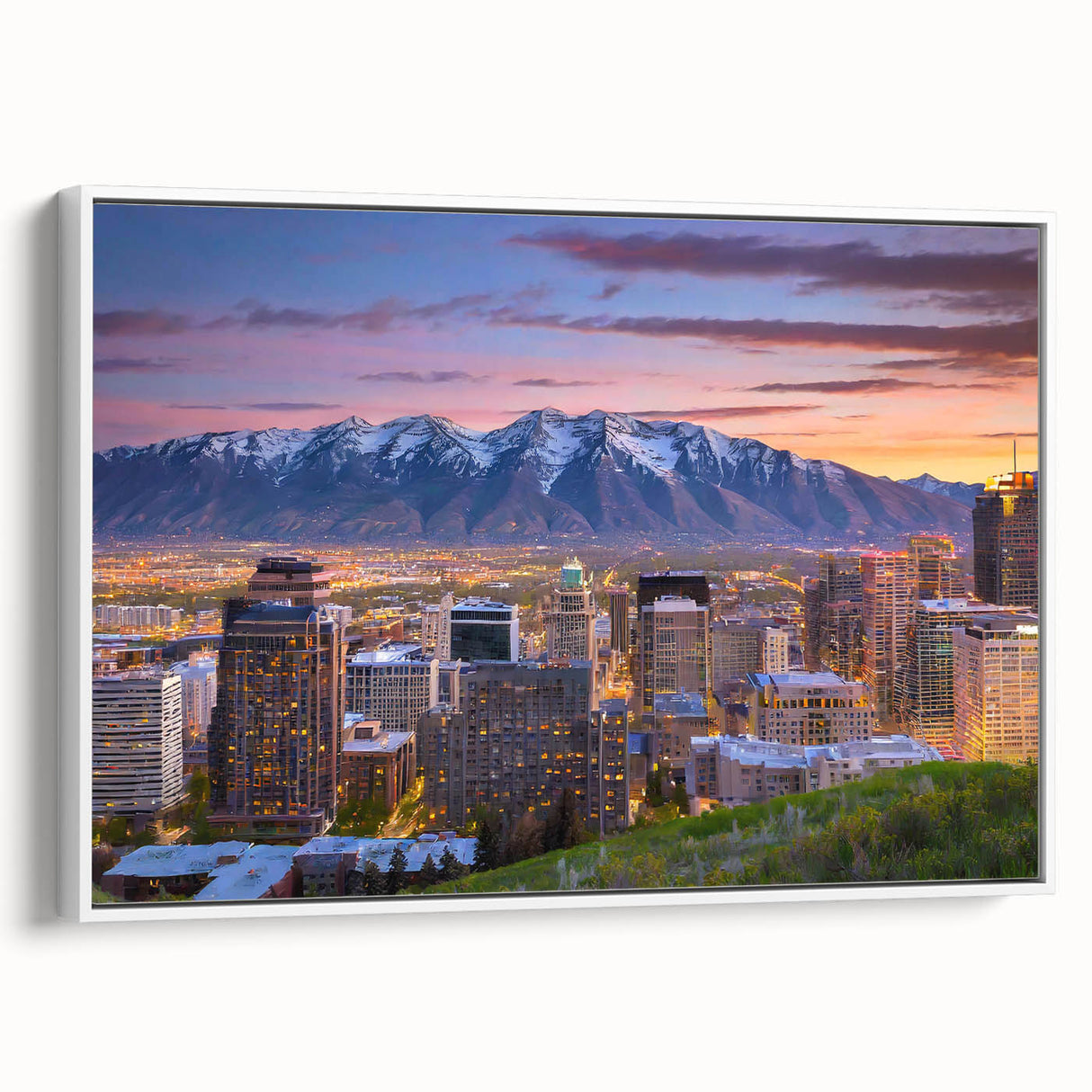 Vintage poster art of Salt Lake City in colorful hues on a large framed canvas, ideal for living room decor.