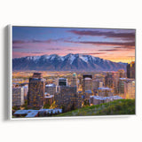 Vintage poster art of Salt Lake City in colorful hues on a large framed canvas, ideal for living room decor.