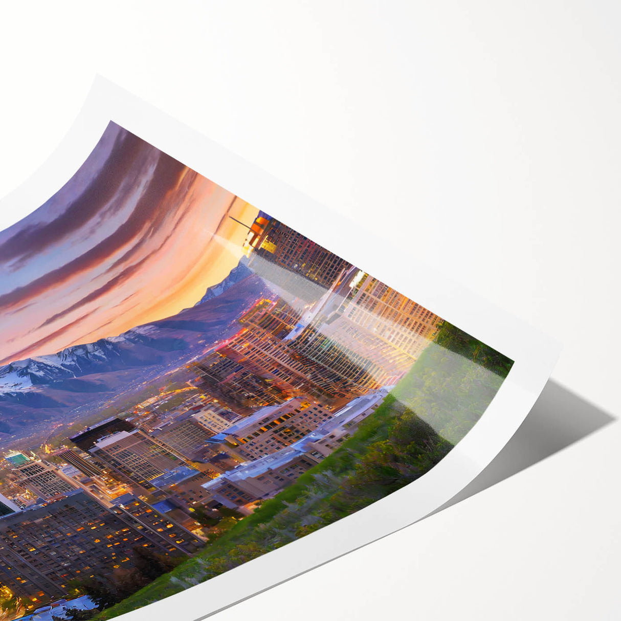 Extra large rolled print of Salt Lake City with line art flowers in muted earth tones, ideal for large living room wall art.