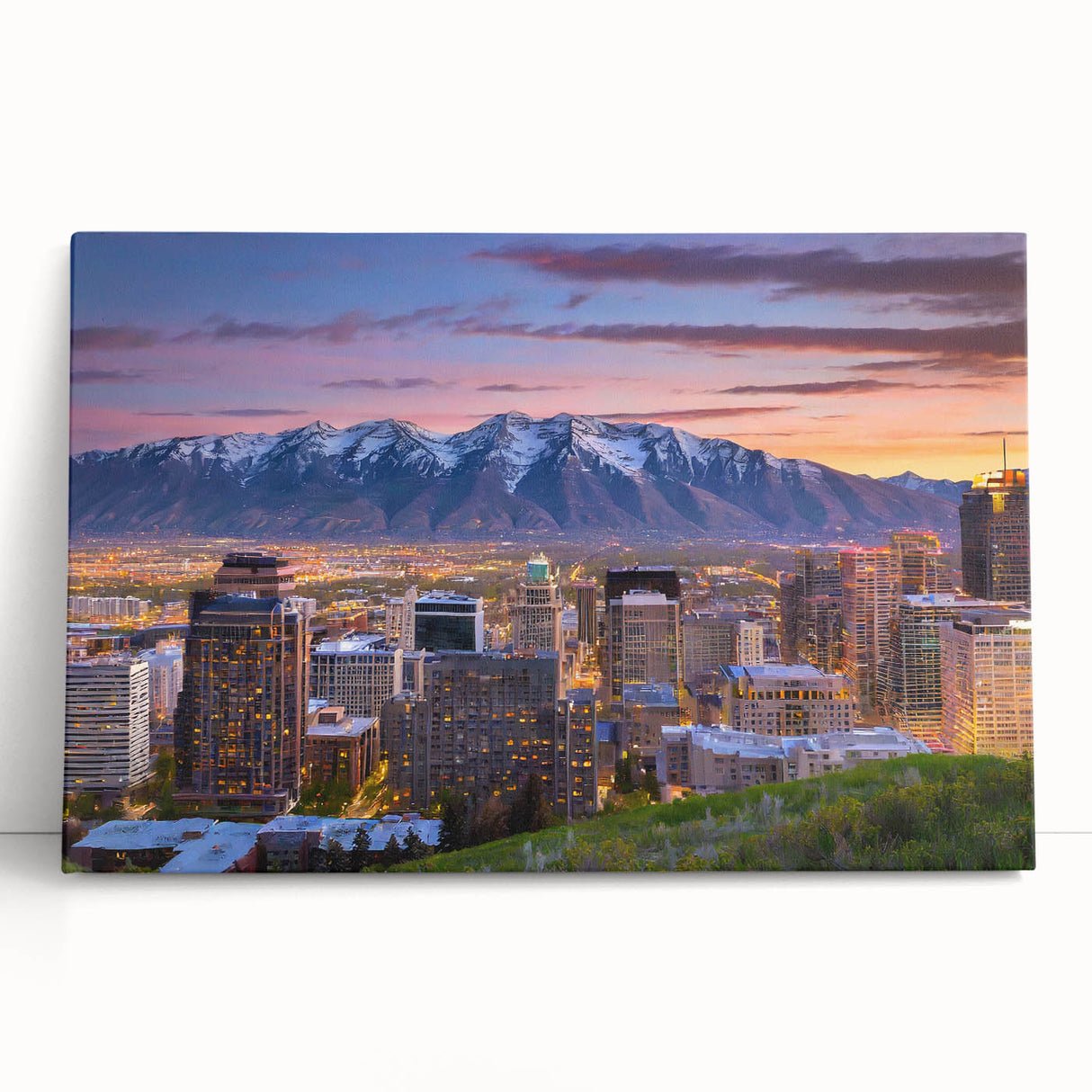 Black and white stretched canvas of Salt Lake City skyline, suited for kitchen wall art or bedroom.