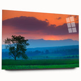 Large abstract wall art depicting Vermont scenery in muted green and blue tones on acrylic glass.