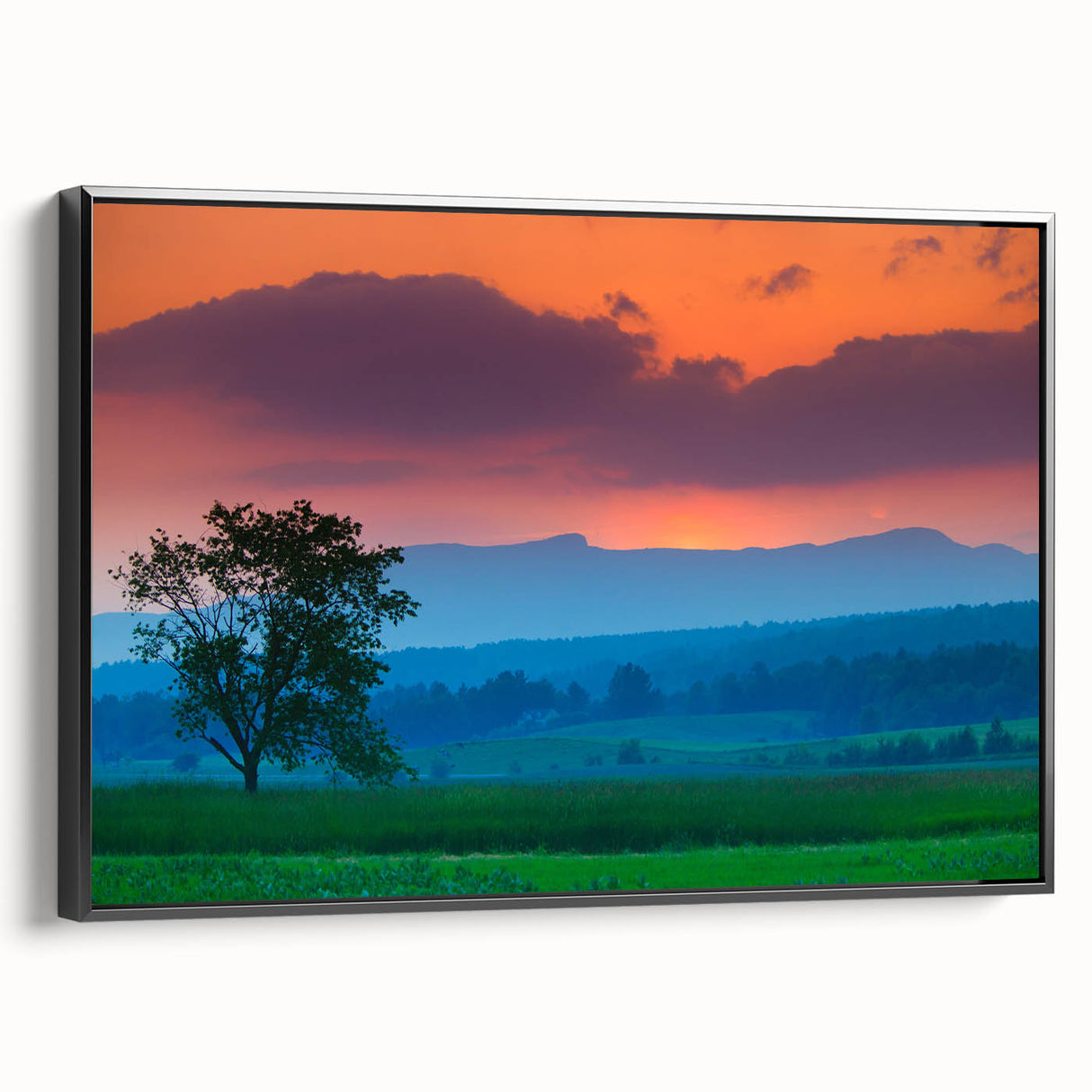 Black and white wall art featuring a vintage poster of a Vermont landscape on framed canvas, ideal for bedroom decor.