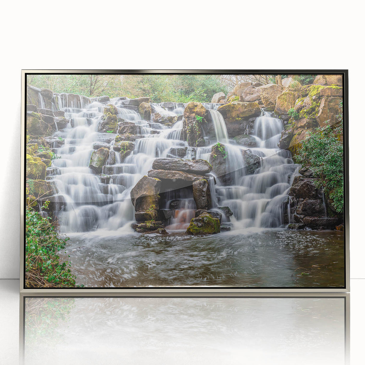 Mid-century modernist art depicting Virginia scenery in muted green and blue tones on a framed acrylic print.
