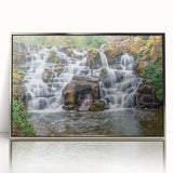Mid-century modernist art depicting Virginia scenery in muted green and blue tones on a framed acrylic print.