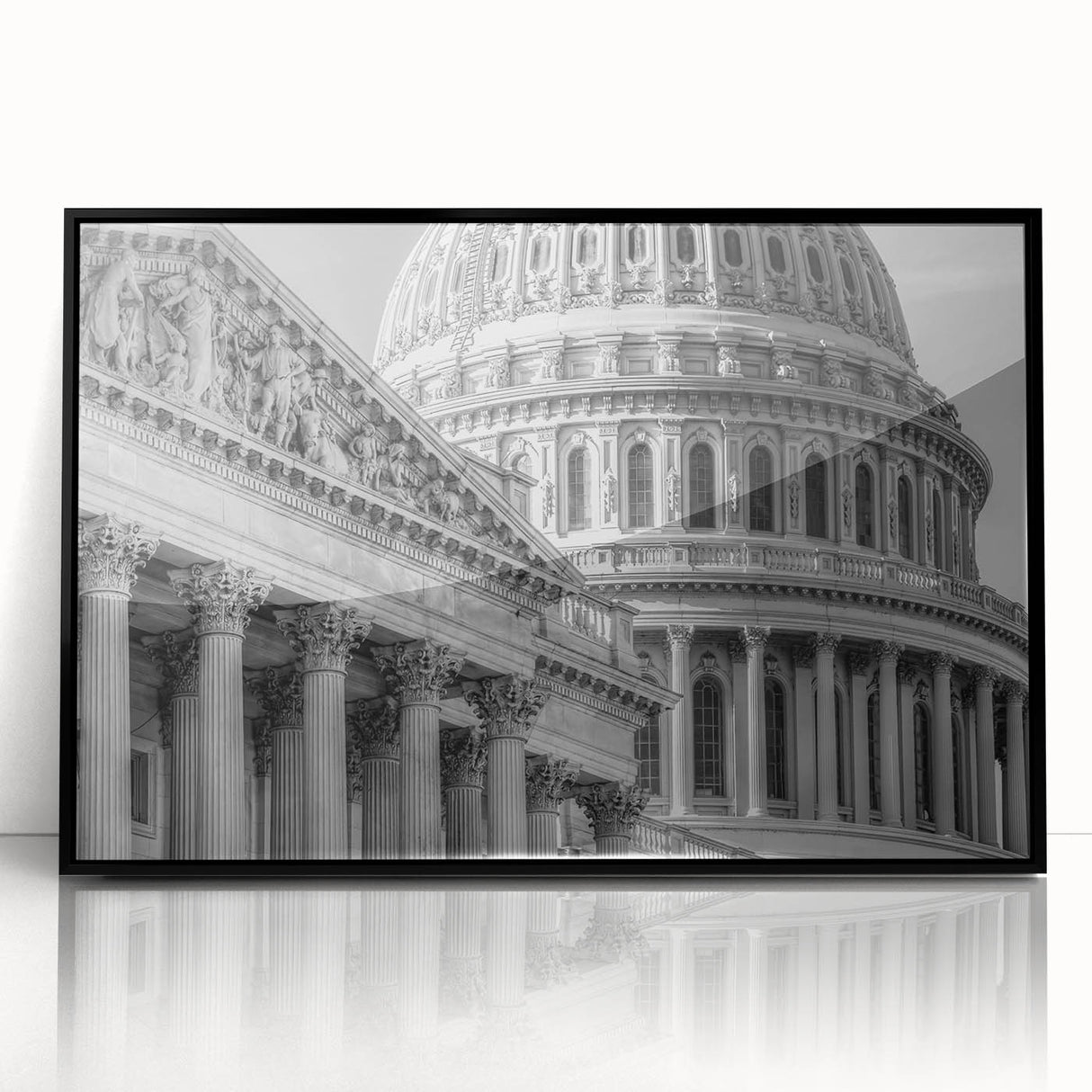 Large abstract wall art of Washington DC Capitol in black and white, framed acrylic, ideal for modern office decor.