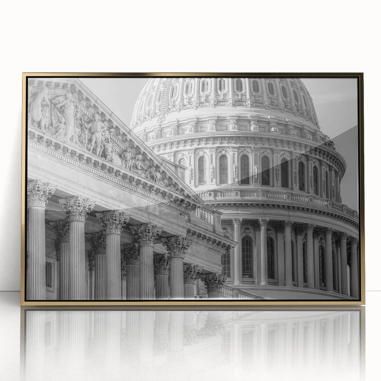 Acrylic print of Washington DC Capitol in gold tones, framed, mid-century modernist style, suitable for modern decor.