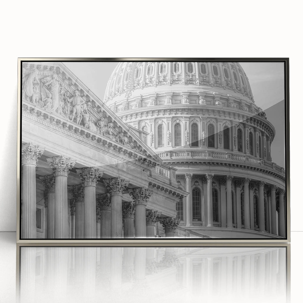 Mid-century modernist art of the Washington DC Capitol in muted tones on a framed acrylic, suited for modern art wall decor.