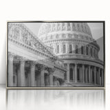 Mid-century modernist art of the Washington DC Capitol in muted tones on a framed acrylic, suited for modern art wall decor.