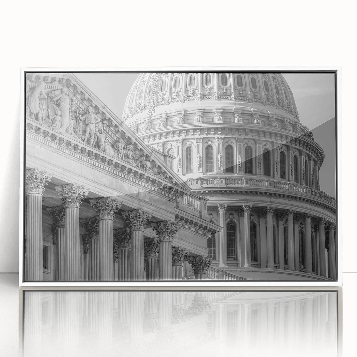 Acrylic print of Washington D.C. Capitol in art deco style with a white frame, suitable for modern art wall decor.