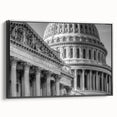Black and white framed canvas of Washington D.C. Capitol, ideal for bedroom wall decor, in a vintage poster style.
