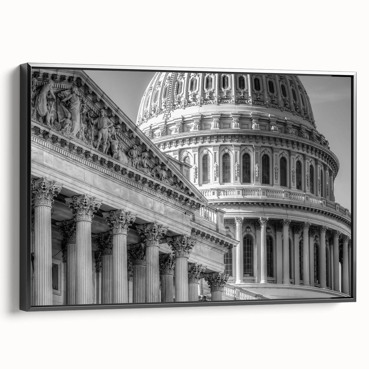 Black and white framed canvas of Washington D.C. Capitol, ideal for bedroom wall decor, in a vintage poster style.