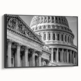 Black and white framed canvas of Washington D.C. Capitol, ideal for bedroom wall decor, in a vintage poster style.