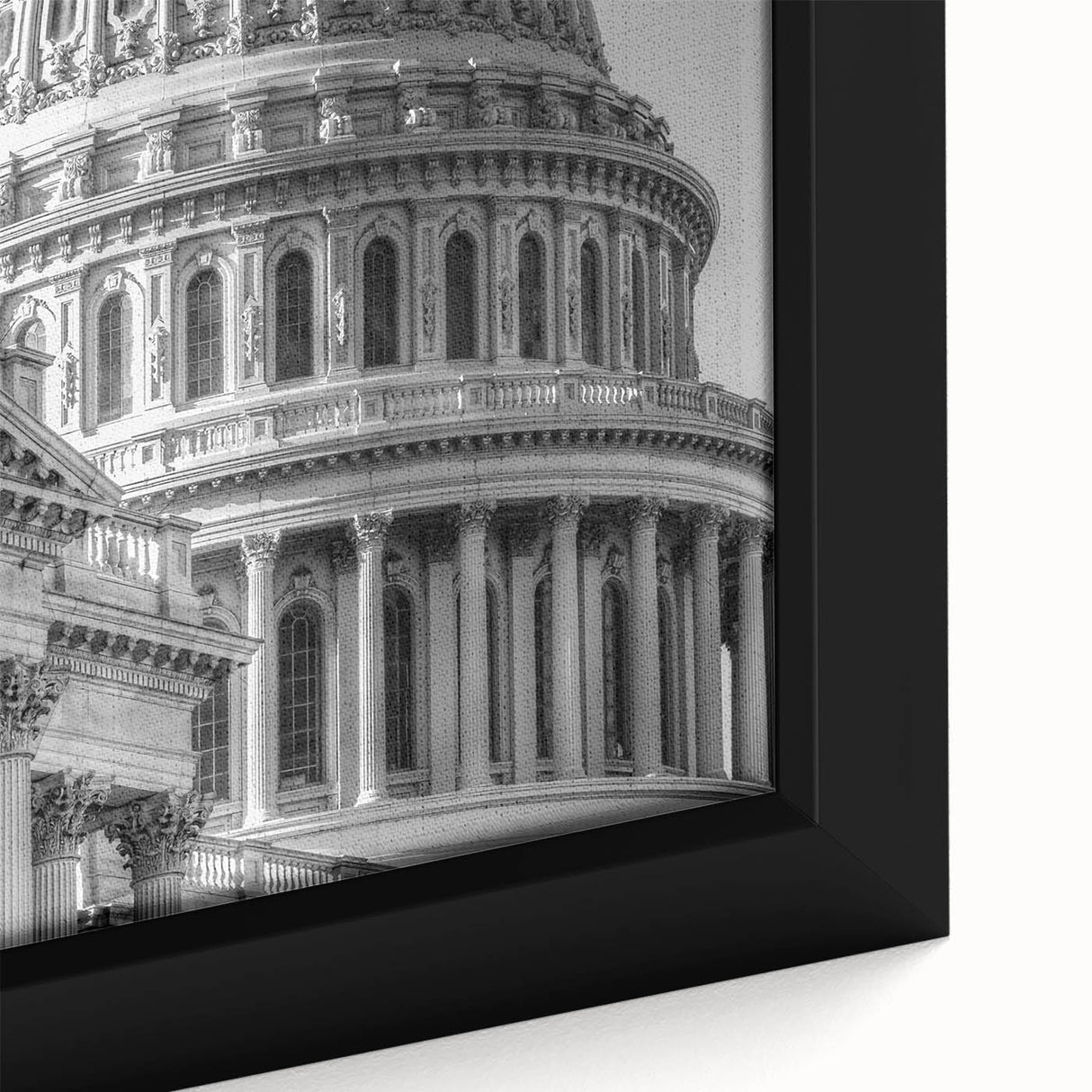 Black wall art of the Washington DC Capitol on a textured, framed canvas with vibrant colors, ideal for living room decor.
