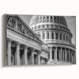 Framed canvas landscape art painting of the Washington D.C. Capitol in muted gray and silver tones, ideal for office decor.