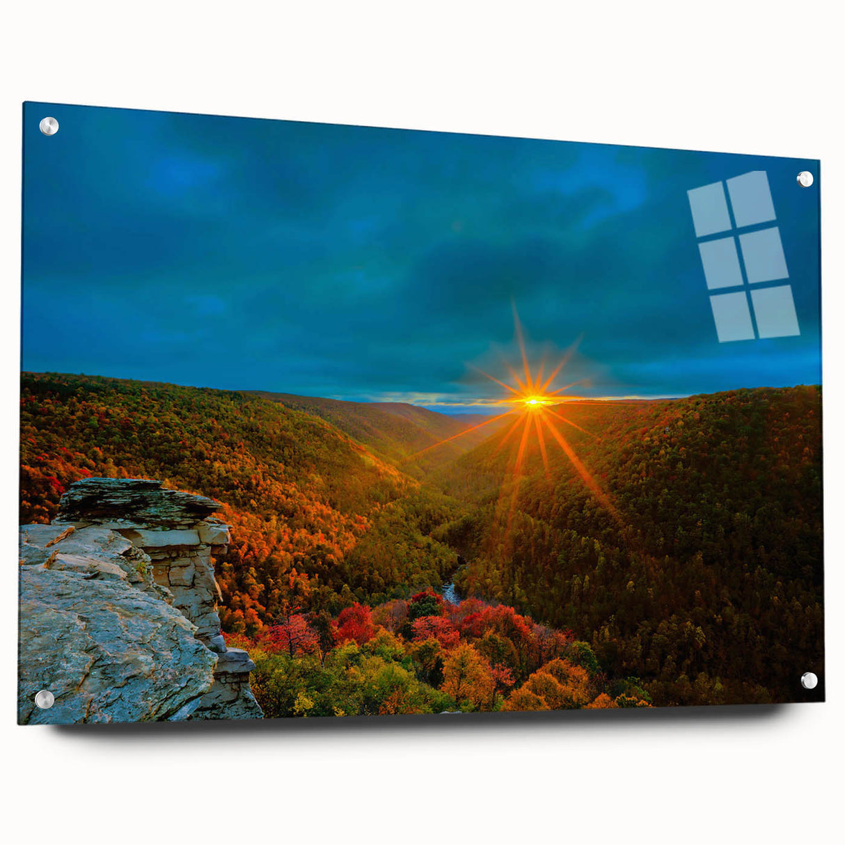 Acrylic print of a West Virginia landscape in muted earth tones, ideal for dining room decor.