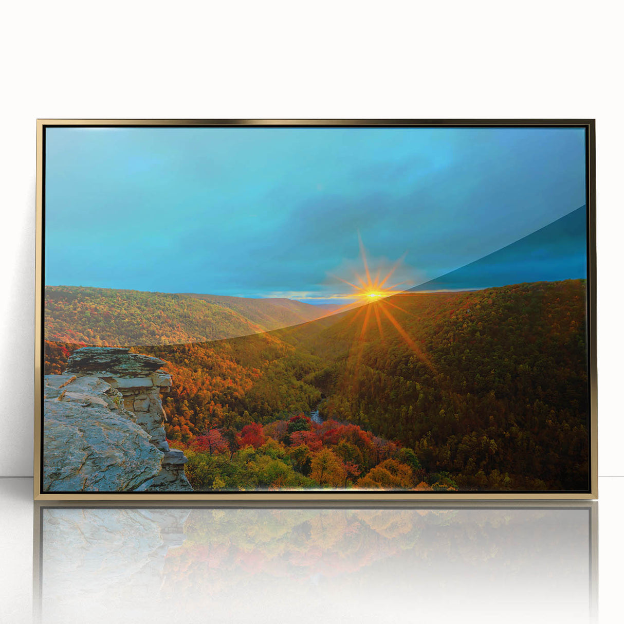 Mid-century modernist art depicting a West Virginia landscape in muted earth tones, framed acrylic.