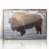 Large art print of Yellowstone landscape in mid-century modernist style, acrylic framed, with gold tones.