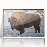 Art deco poster of Yellowstone scenery with muted blue and green tones on framed acrylic.