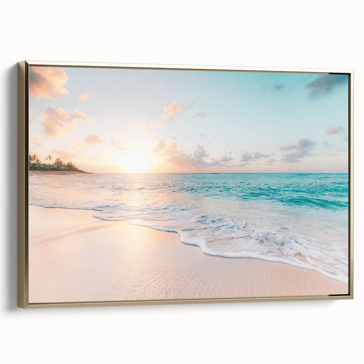 Framed canvas featuring a vintage poster of a summer landscape in gold and black tones, ideal for bedroom wall art.