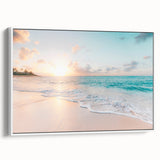 Framed canvas vintage poster art featuring colorful, abstract summer-themed imagery on a white background.