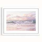 Abstract art print featuring swirling blue and green colors on a white framed canvas, ideal for dining room decor.
