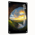 Acrylic glass artwork showcasing a side view of a stunning landscape cave design, highlighted with vibrant colors and mounted with decorative pins for a striking display.