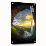 Acrylic glass artwork showcasing a side view of a stunning landscape cave design, highlighted with vibrant colors and mounted with decorative pins for a striking display.