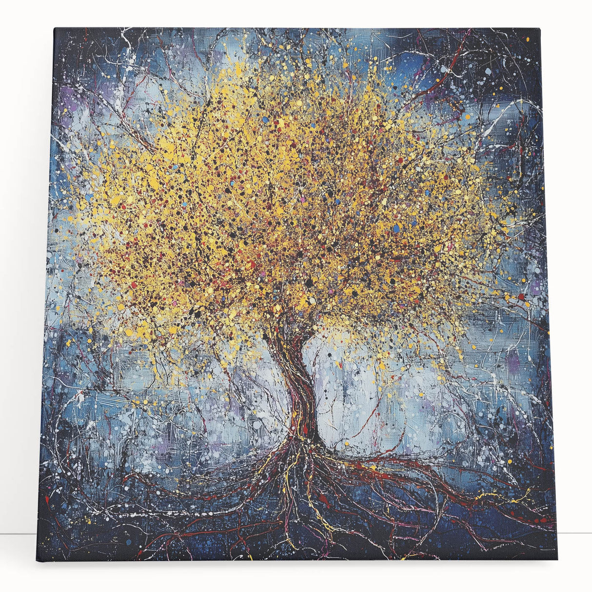 Framed Dining Room Prints – Vibrant Golden Tree on Dark Blue