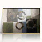 Abstract geometric wall art framed in acrylic with gold accents, showcasing a modern design that enhances contemporary decor in living spaces.