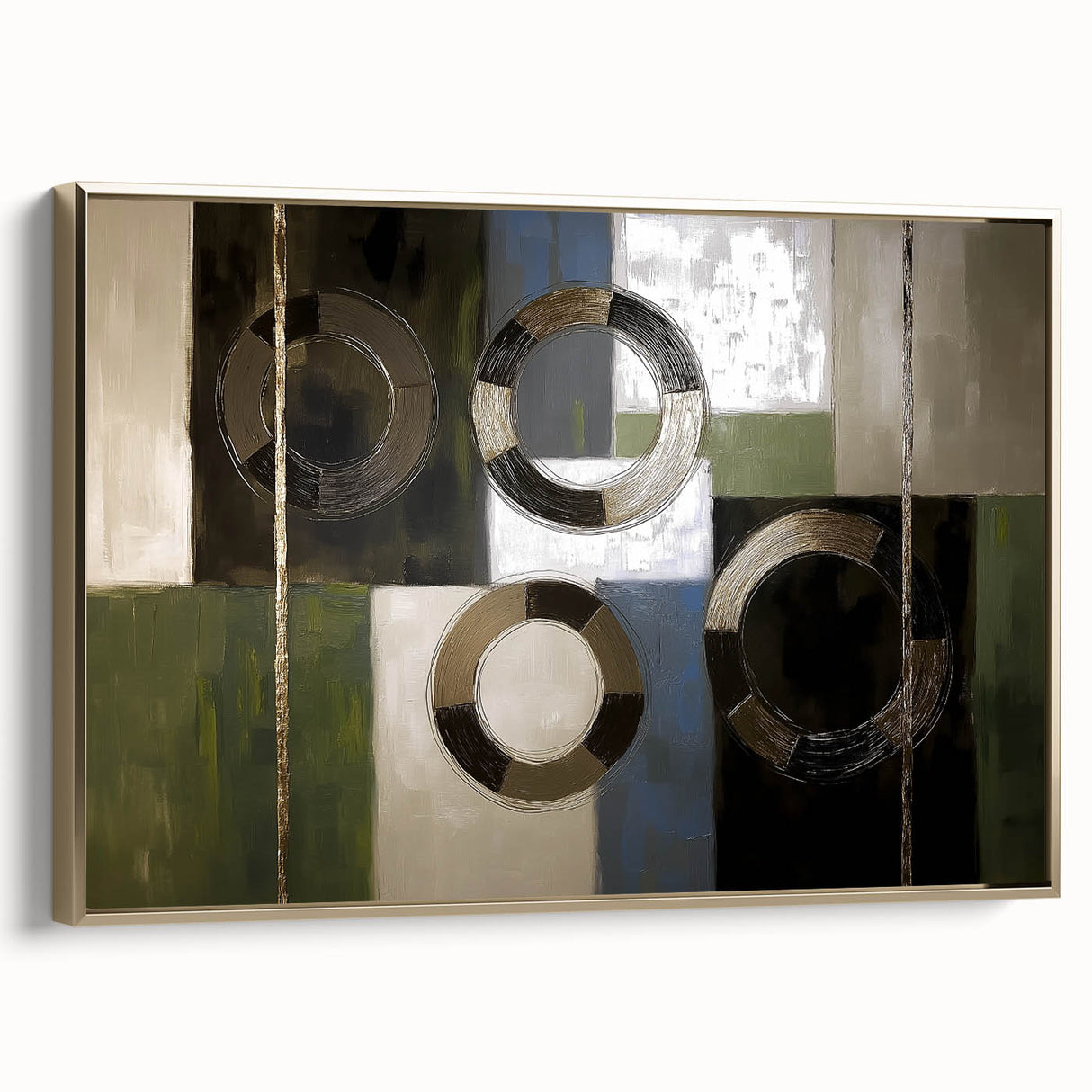 Framed abstract geometric canvas art in gold tones, showcasing a modern design with sharp angles and lines, perfect for contemporary home decor.