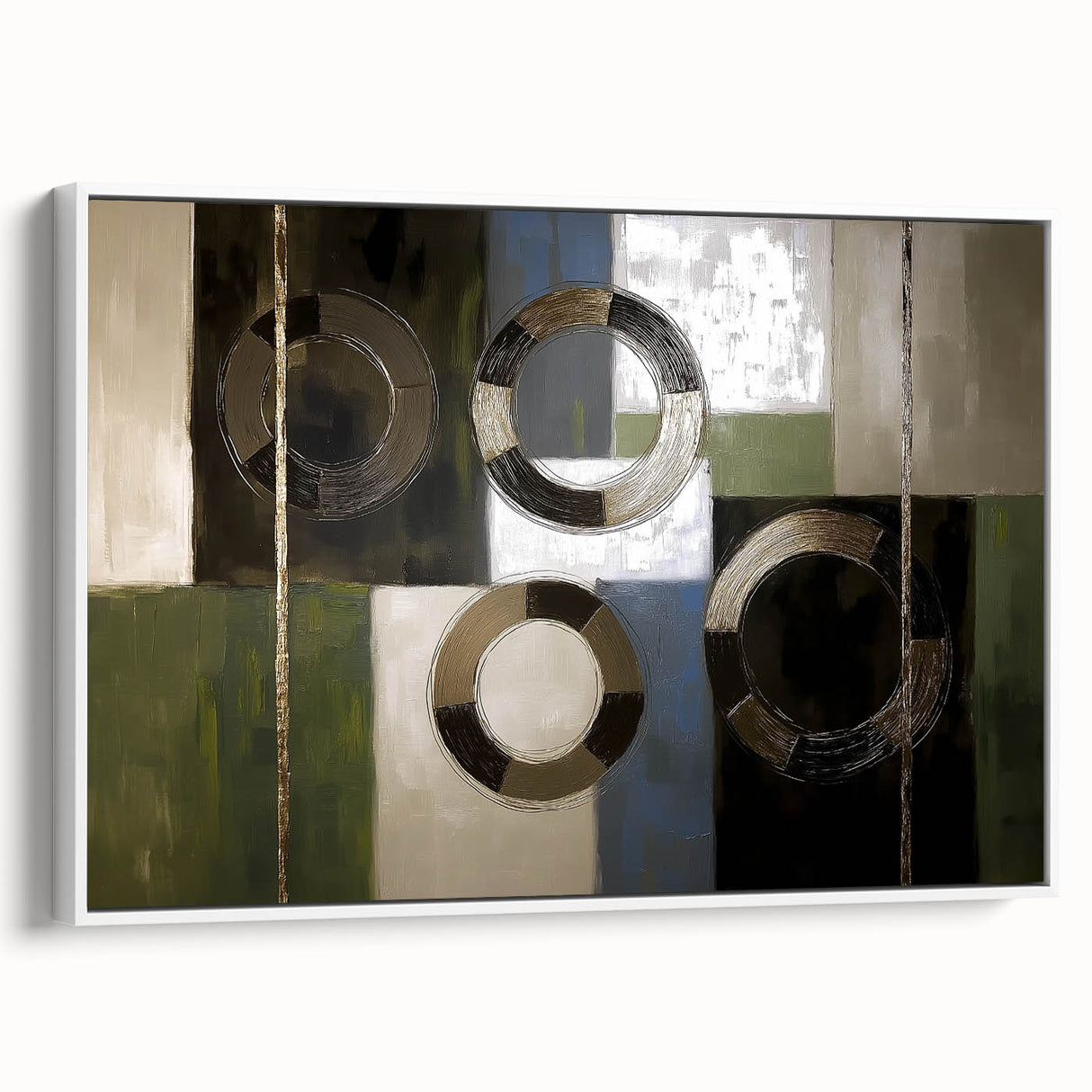 Abstract geometric framed canvas art in a sleek white frame, showcasing bold shapes and vibrant colors, ideal for modern home decor. Side view highlights its elegant design and quality craftsmanship, perfect for enhancing any living space.