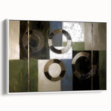 Abstract geometric framed canvas art in a sleek white frame, showcasing bold shapes and vibrant colors, ideal for modern home decor. Side view highlights its elegant design and quality craftsmanship, perfect for enhancing any living space.