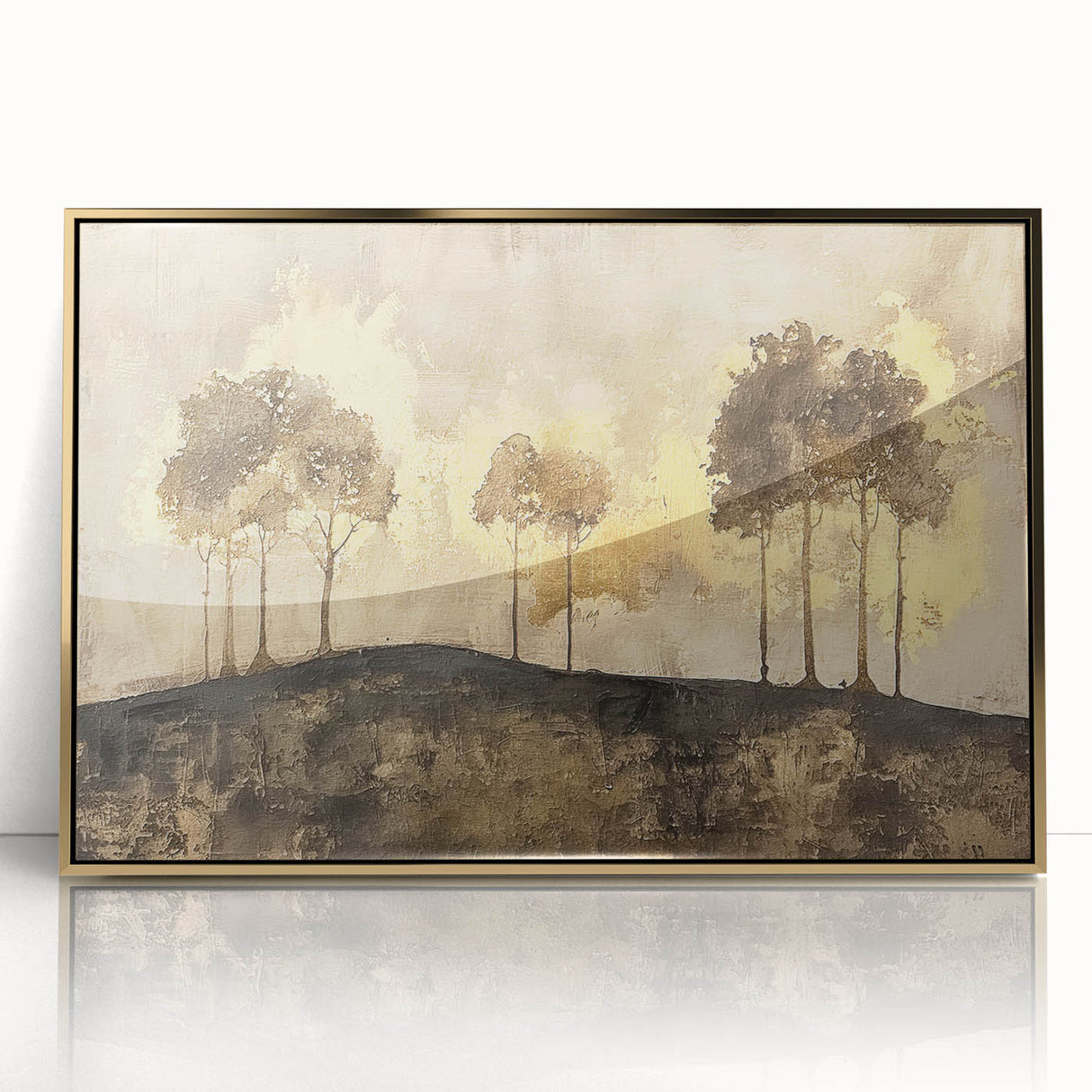 Framed acrylic wall art depicting an abstract landscape with golden accents, perfect for modern home decor. The piece combines vibrant colors and fluid shapes to enhance any interior space.