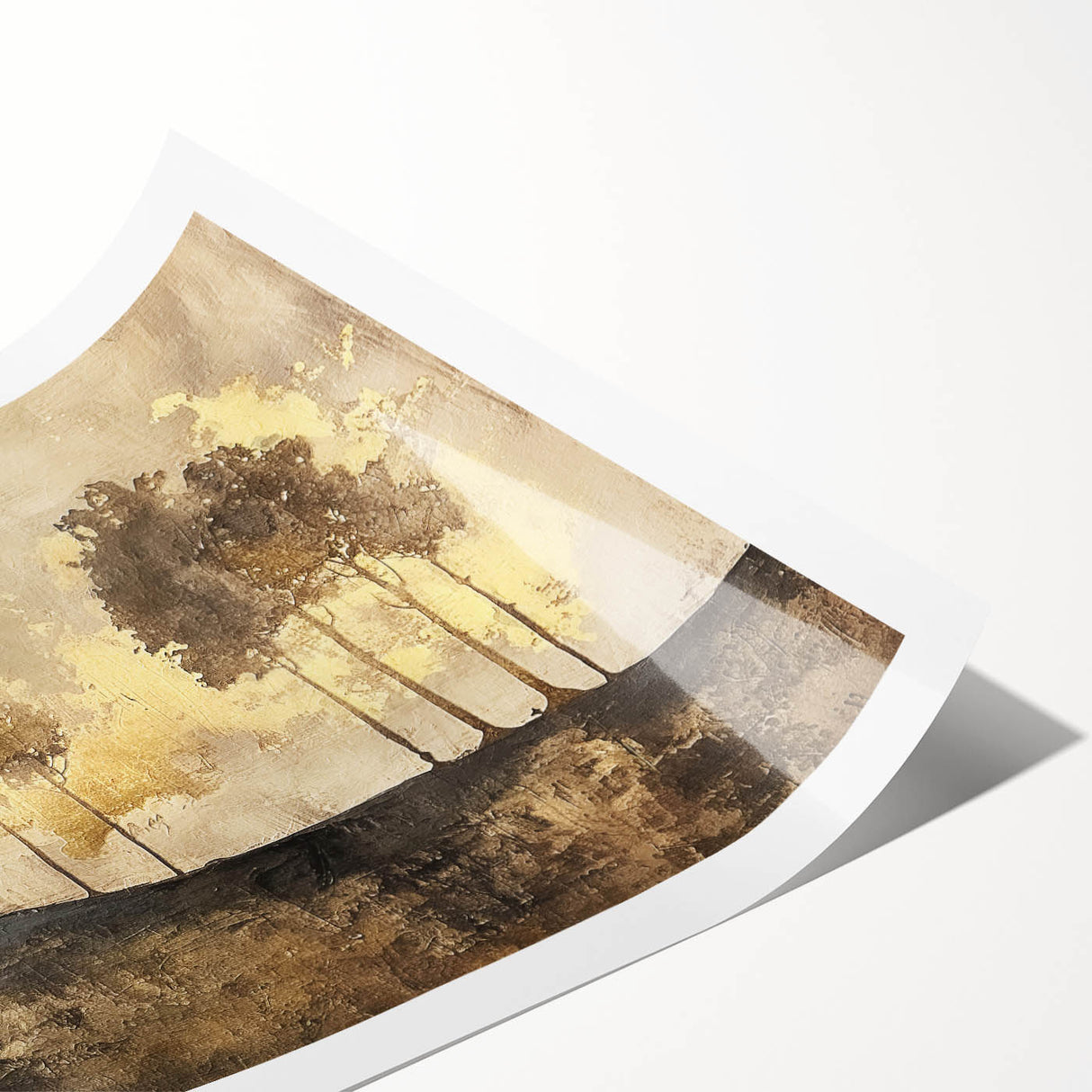 Abstract landscape wall art print showcasing vibrant hues of blue, green, and gold, rolled and ready for framing or display, ideal for modern home decor.