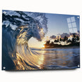 Acrylic glass landscape artwork depicting serene beaches, shown from a side view with decorative pins. Ideal for enhancing coastal-themed interiors.
