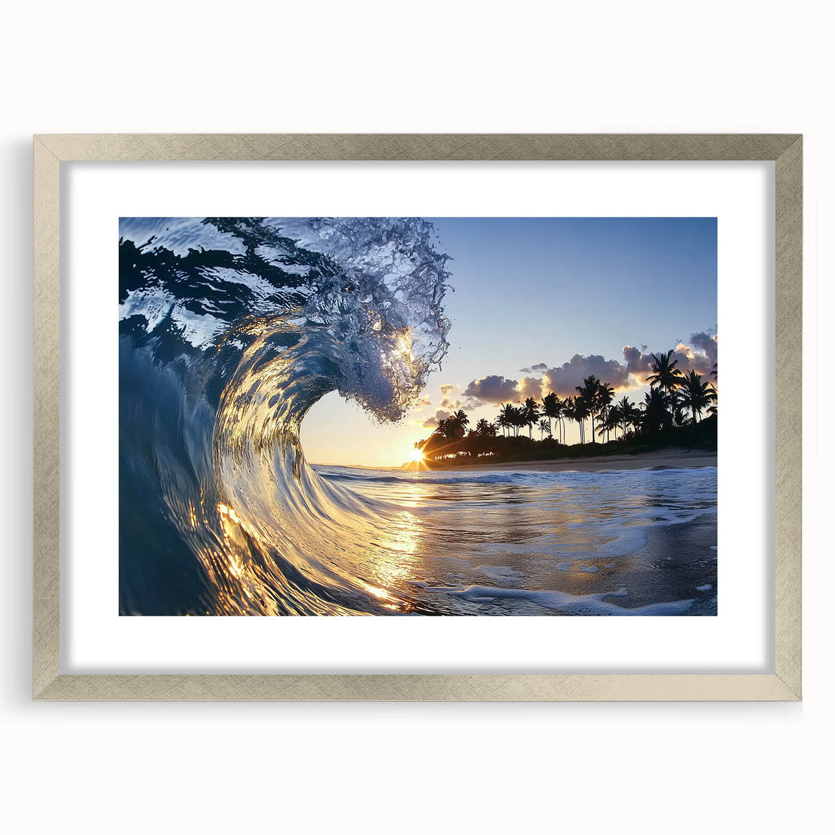 Landscape artwork featuring a serene beach scene, framed in a sleek silver frame with a white mat, ideal for coastal-themed home decor. Perfect for enhancing living spaces with a tranquil vibe and contemporary style.