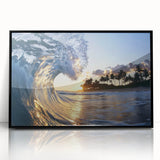 Framed acrylic artwork of a serene beach landscape, featuring vibrant blue skies and golden sands, showcased in a sleek black frame for modern decor.