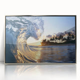 Framed acrylic artwork showcasing a serene beach landscape with soft waves and vibrant blue skies, ideal for coastal décor enthusiasts and home styling.