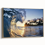 Framed landscape canvas artwork depicting a serene beach scene with golden accents, showcasing vibrant colors and intricate details, ideal for home decor.