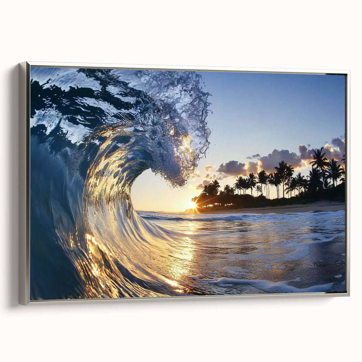 Framed landscape canvas artwork showcasing a serene beach scene with soft waves and a vibrant sunset, elegantly bordered in silver for a modern touch.