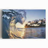 Stretched canvas artwork depicting a serene beach landscape at sunset, showcasing vibrant colors and gentle waves, perfect for coastal home decor.