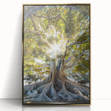 Large art print of a mid-century modernist spring scene in vibrant green and gold tones on acrylic.