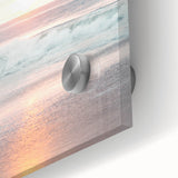 Large abstract wall art in vibrant orange and blue tones on acrylic glass.