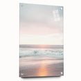 Large abstract wall art in vibrant blue and orange hues on acrylic glass, ideal for modern bedroom or dining room decor.