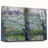 Large abstract print on acrylic glass featuring swirling blues and yellows, ideal for bedroom or dining room art.