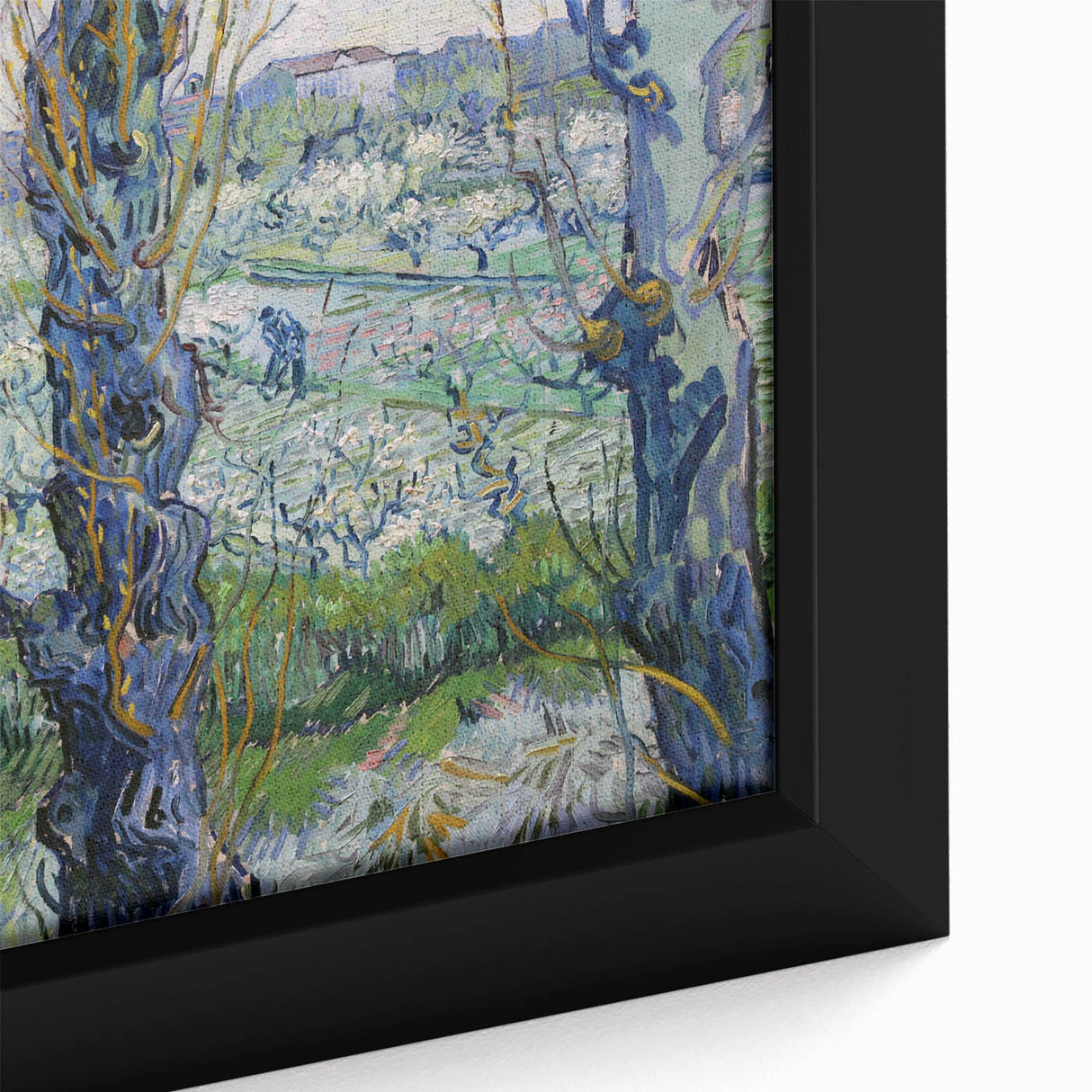 Close-up of a framed canvas depicting a Van Gogh-inspired scene with textured, colorful art on a black background.