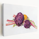 Modern Wall Art: Still Life with Red Cabbages, Rhubarb, and Orange